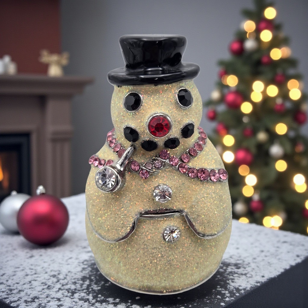 Vintage Work of Art Snowman Hinged Trinket Rhinestone Glitter Enamel